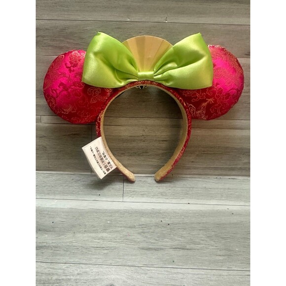 Disney  Mulan Pink and Gold Brocade Mouse Ear Headband with Navy Bow